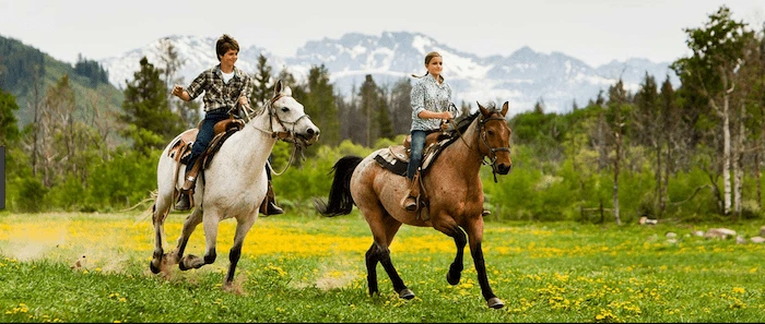 Confident plus-size woman riding Hadleigh a horse through a field with a smile on her face.